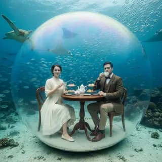 Photo booth AI style: underwater tea party bubble setup
